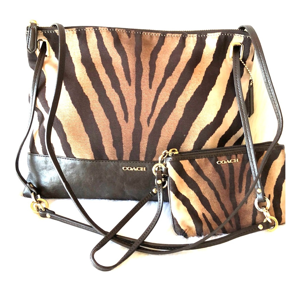 COACH Zebra stripe brown crossbody & wristlet